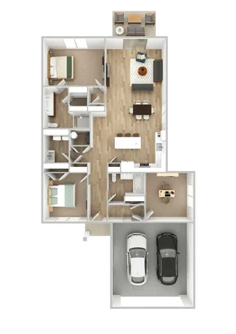 Modern floor plan featuring 2 spacious bedrooms, a cozy living room, and an inviting open-concept kitchen with breakfast bar. Includes a dual garage, a dedicated home office, and a charming outdoor patio.