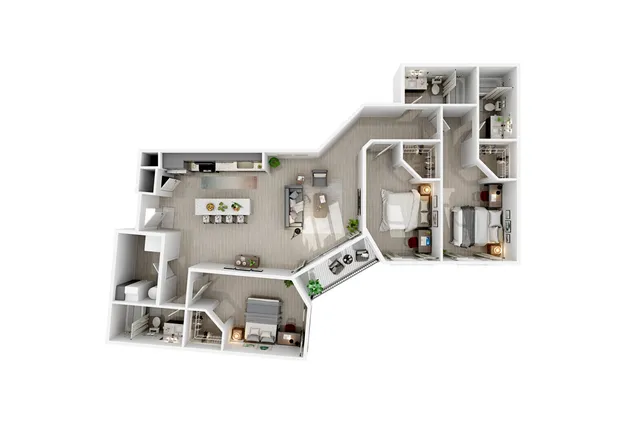 Contemporary 3D floor plan highlighting 3 bedrooms, stylish open-concept kitchen, and inviting living area with modern decor.
