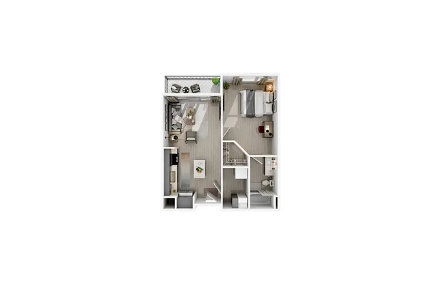 Chic 3D floor plan showcasing a modern apartment with an inviting open-concept living room, a cozy bedroom, and a well-equipped kitchen alongside a stylish bathroom.