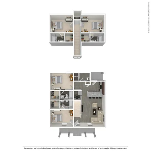 Modern 2D floor plan showcasing a two-level apartment with 3 bedrooms, open living area, and gourmet kitchen.