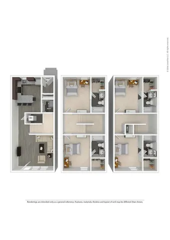 Modern 3D floor plan showcasing a three-bedroom townhouse with open-concept living and dining area, modern kitchen, two bathrooms, and in-unit laundry.