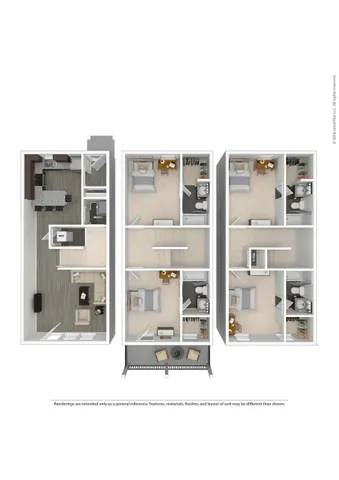 Elegant 3D floor plan showcasing a modern three-bedroom layout with en-suite bathrooms, open-concept kitchen, and spacious living area.