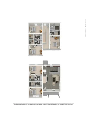 Modern 2D floor plan showcasing a spacious two-level apartment with three bedrooms, stylish open-concept living area, and sleek kitchen design.