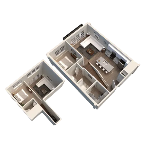 Modern 3D loft floor plan showcasing a stylish open-concept living area, sleek kitchen, multiple cozy bedrooms, and elegant bathrooms.