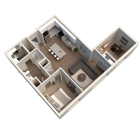 Modern 3D floor plan showcasing a spacious bedroom, stylish open-concept kitchen, cozy living area, and home office space.