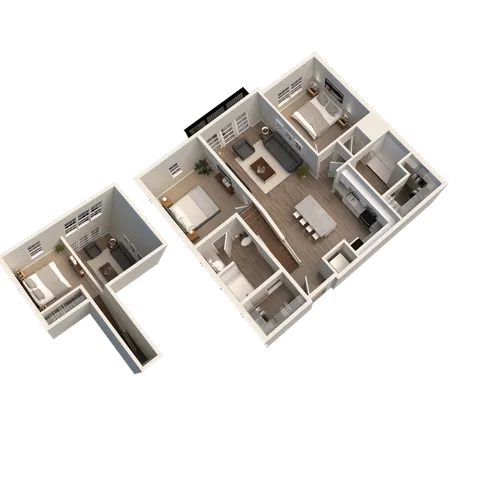 Modern 3D floor plan showcasing 3 bedrooms, expansive open-concept living area, sleek kitchen, and cozy dining space.