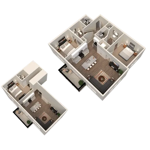 Elegant 3D floor plan showcasing a spacious two-level apartment with three bedrooms, modern open-concept living area, and stylish balcony spaces.