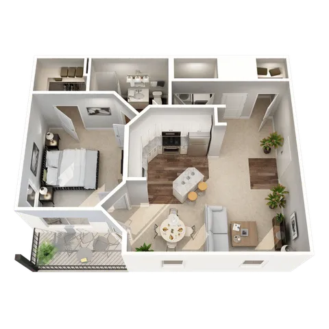 Modern 3D floor plan showcasing a 1-bedroom apartment with an open kitchen, cozy living area, spacious bathroom, and a private balcony.