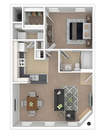 Charming 2D floor plan of a modern one-bedroom apartment featuring a cozy living room, sleek kitchen, and well-appointed bathroom.