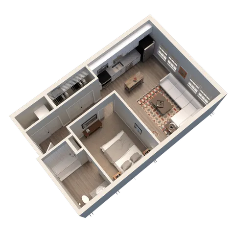 Chic 1-bedroom apartment floor plan with modern kitchen, cozy living room, and elegant bathroom.