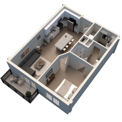 Modern 3D floor plan showcasing a cozy 1-bedroom apartment with an open-concept kitchen, inviting living area, stylish bathroom, and private balcony.