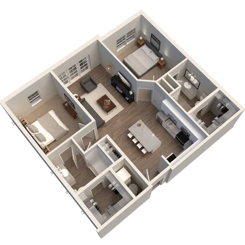 Modern 3D floor plan showcasing 2 cozy bedrooms, an elegant open-concept living area, and a sleek kitchen with an island.