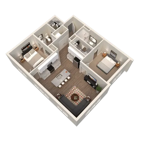 Modern 3D floor plan showcasing 2 bedrooms, an elegant open-concept living area, and a stylish kitchen with island seating.