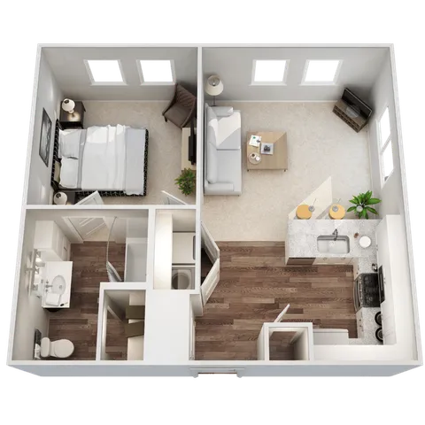 Modern open-concept floor plan featuring a spacious bedroom, cozy living area, sleek kitchen, and a stylish bathroom.