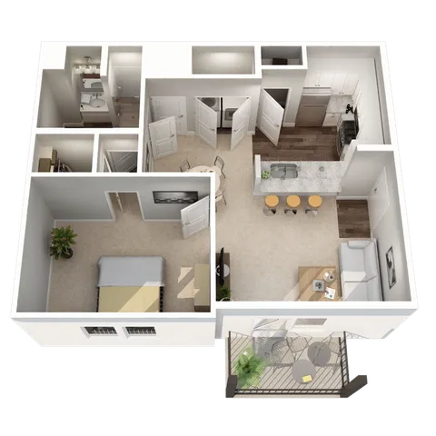 Modern 3D floor plan featuring a cozy bedroom, spacious open-concept living and dining area, stylish kitchen with island seating, and a charming balcony for outdoor relaxation.