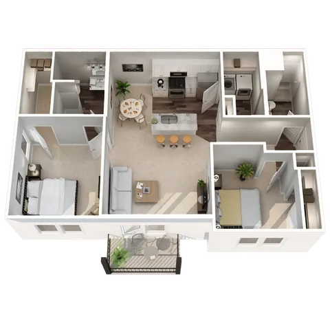 Modern 3D floor plan featuring 2 bedrooms, a stylish open kitchen with island seating, cozy living area, and balcony access, complete with contemporary furnishings.