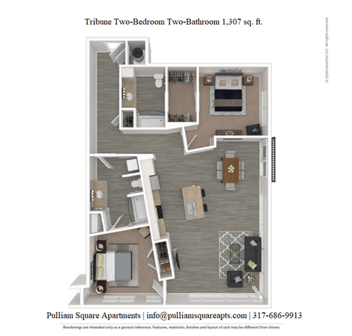 Tribune apartment floor plan showcasing an elegant 2-bedroom, 2-bathroom layout with open living spaces and modern finishes, totaling 1,307 sq. ft.