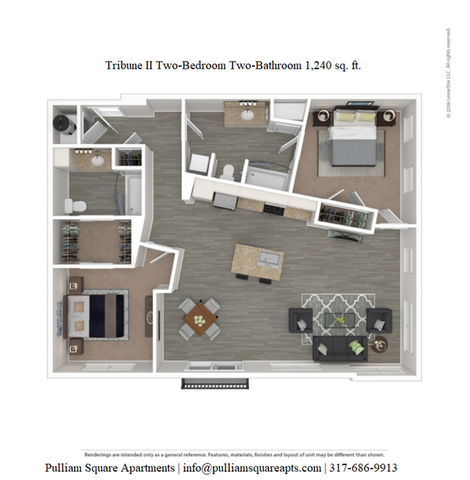 Tribune II floor plan featuring 1,240 sq. ft. of modern living space with two bedrooms, two bathrooms, a sleek kitchen, and a spacious open-concept living area at Pulliam Square Apartments.