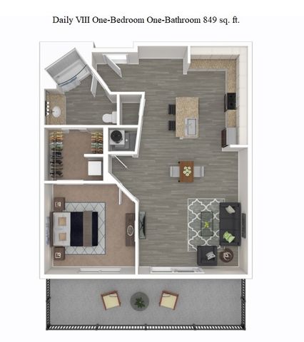 Contemporary one-bedroom, one-bathroom apartment layout, 849 sq. ft, highlighting an open-concept kitchen and living area, spacious bedroom, and private balcony.