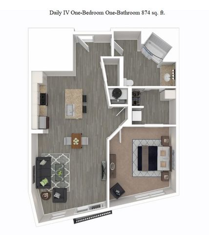 Detailed floor plan of Daily IV one-bedroom, one-bathroom apartment, featuring a spacious open-concept living area and modern kitchen, totaling 874 sq. ft.