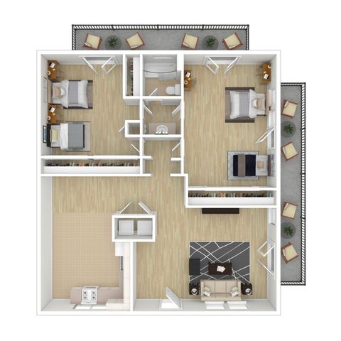 Modern 3-bedroom apartment floor plan featuring spacious living room, stylish kitchen, and expansive balcony for relaxation.