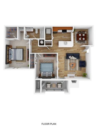 Inviting 2D floor plan showcasing a spacious 2-bedroom layout, stylish open-concept living and dining areas, modern kitchen, and cozy balcony.