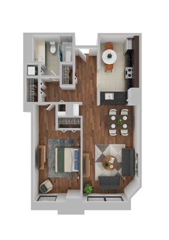 Chic 1-bedroom floor plan showcasing a cozy open-concept living area with stylish furnishings, a modern kitchen with dining space, and a sleek bathroom layout.