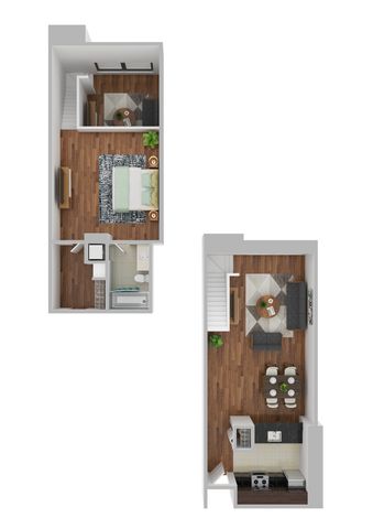 Modern 2D floor plan showcasing a stylish duplex with a cozy bedroom upstairs and an open-concept living area and kitchen downstairs.