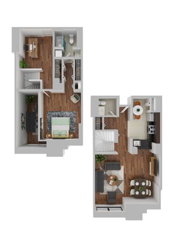 Contemporary 3D floor plan showcasing two floors with a cozy bedroom suite, stylish living area, modern kitchen, and vibrant dining space.