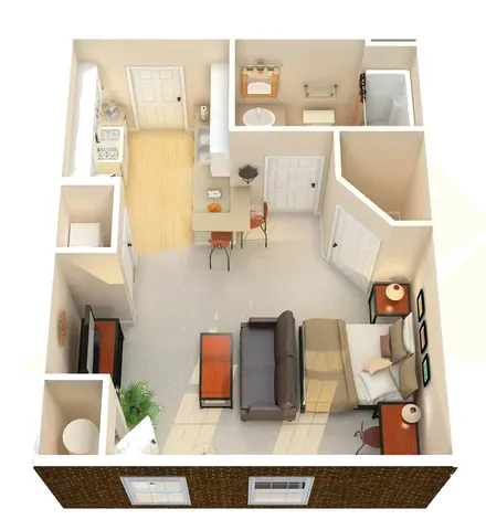 Charming 3D floor plan showcasing a cozy studio apartment with an open living area, compact kitchen, and elegant bathroom.