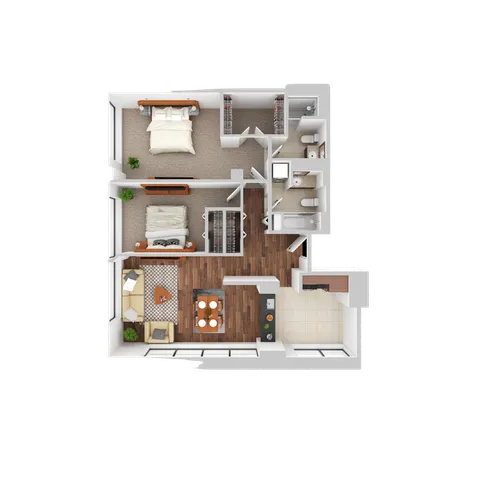 Modern floor plan showcasing 2 bedrooms, a cozy living area, and a stylish kitchen with wooden flooring, emphasizing chic city living.