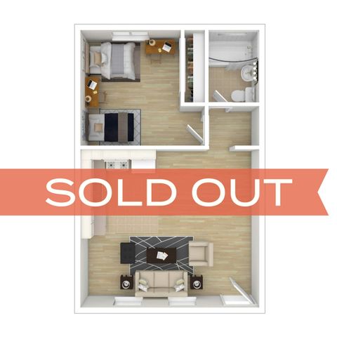 Contemporary 2D floor plan with 2 cozy bedrooms, a modern kitchen, and a spacious living area. SOLD OUT.