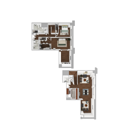 Chic two-floor apartment layout showcasing 2 spacious bedrooms, a modern kitchen, and inviting living areas. Ideal for contemporary living.