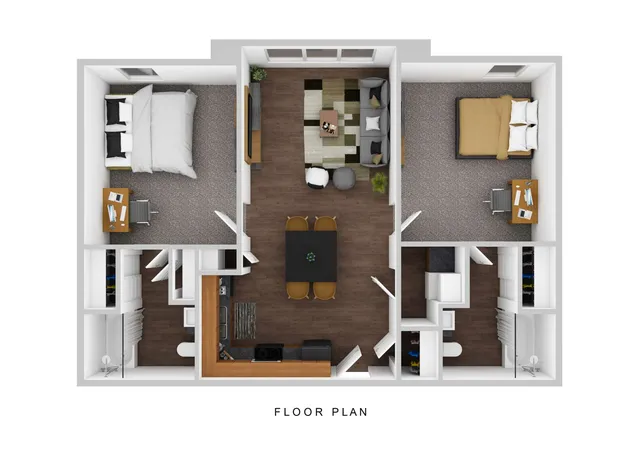 Modern floor plan showcasing 2 spacious bedrooms, cozy living room, elegant dining area, and functional kitchen layout.