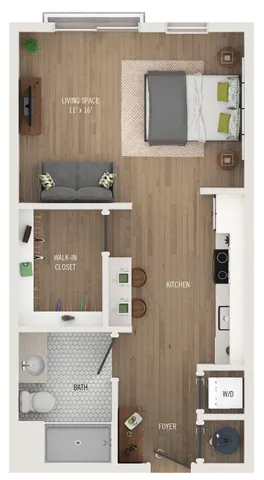 Modern floor plan featuring spacious living area, cozy bedroom, walk-in closet, stylish kitchen, and elegant bath.