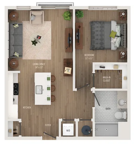 Modern 1-bedroom apartment floor plan featuring an open-concept living space, stylish kitchen, and spacious walk-in closet.