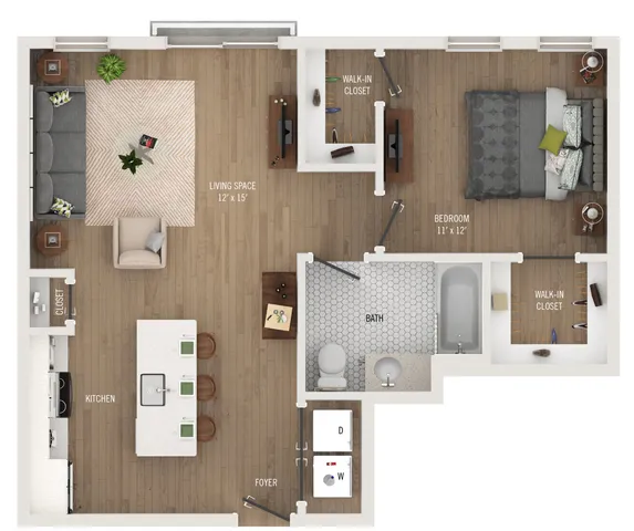 Modern floor plan showcasing a spacious open-concept living area, sleek kitchen with an island, cozy bedroom with walk-in closet, and stylish bathroom.