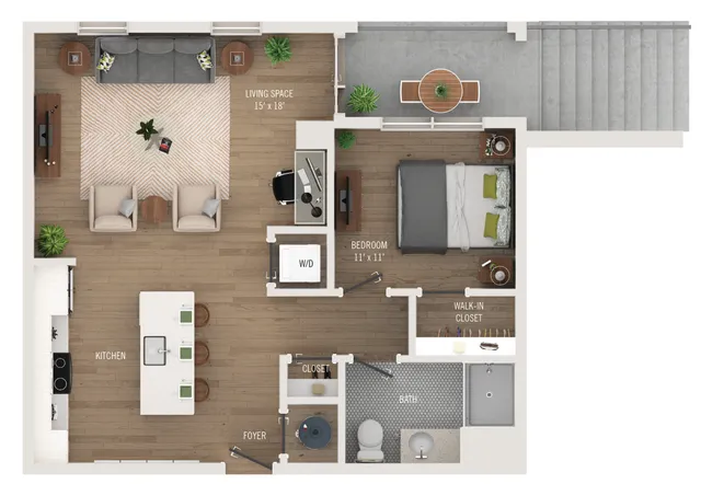 Modern floor plan showcasing a spacious 1-bedroom layout with an open living space, stylish kitchen with island seating, large bathroom, and charming balcony area.