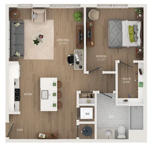 Modern floor plan showcasing a spacious one-bedroom apartment with open-concept living and kitchen area, sleek countertops, cozy living space, and walk-in closet. Ideal for urban living.