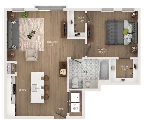 Modern floor plan featuring a spacious living area, stylish kitchen, cozy bedroom with walk-in closets, and sleek bathroom.