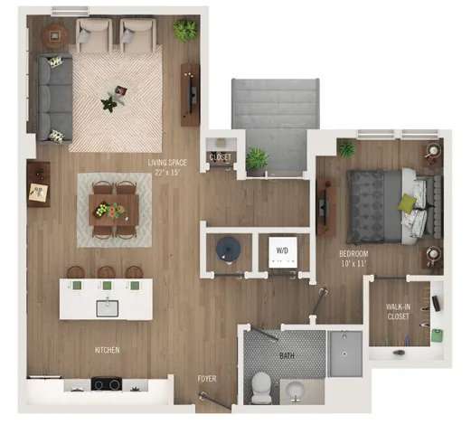 Modern floor plan showcasing a spacious living area with open kitchen, one cozy bedroom with walk-in closet, and elegant bath, perfect for contemporary living.