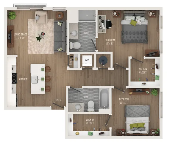 Modern 2-bedroom apartment floor plan with open-concept kitchen, inviting living space, and two luxurious bathrooms, featuring walk-in closets.