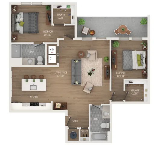 Inviting 2-bedroom floor plan featuring stylish living space, modern kitchen with breakfast bar, walk-in closets, and two bathrooms, perfect for comfortable living.