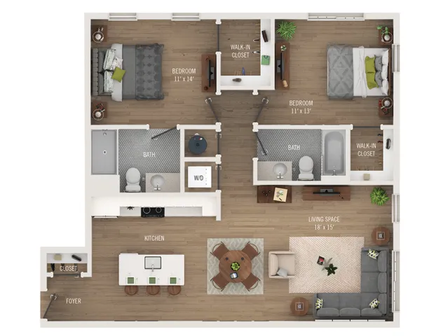 Chic floor plan showcasing 2 bedrooms with walk-in closets, 2 modern bathrooms, an inviting living space, and a stylish kitchen with a breakfast bar.