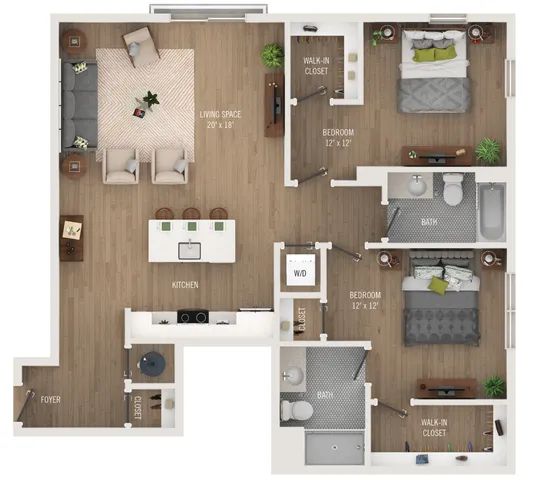 Modern apartment floor plan showcasing two spacious bedrooms with walk-in closets, two bathrooms, an open-concept kitchen, and a stylish living space.