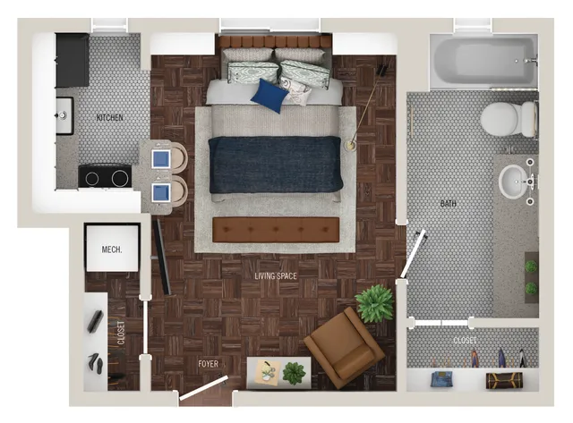 Chic studio apartment floor plan with open living space, modern kitchen, and elegant bath.