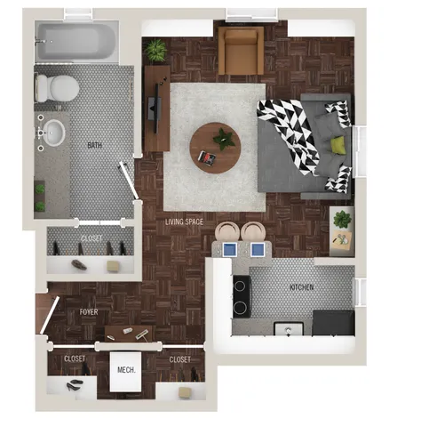 Modern floor plan with one-bedroom, elegant living space, stylish kitchen, and spacious bathroom, ideal for comfortable city living.
