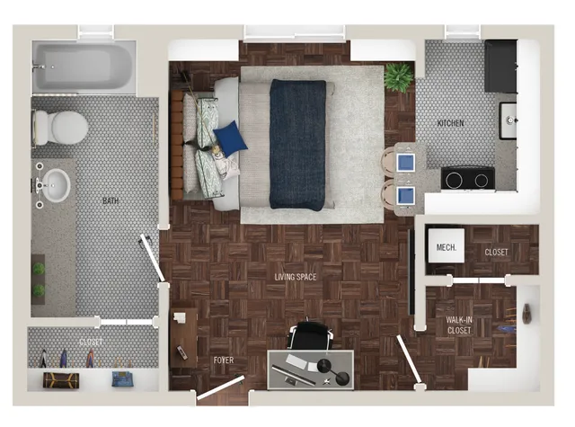 Modern floor plan showcasing a cozy living space with integrated kitchen, spacious bath, and multiple closets for storage.