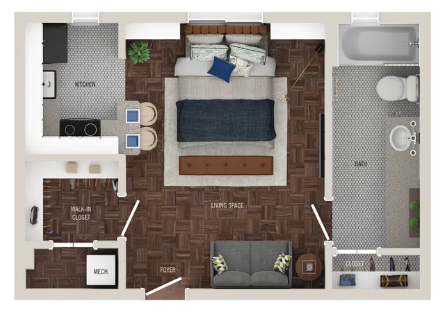 Modern floor plan featuring a cozy living space with a stylish couch and decor, a well-appointed kitchen with a breakfast bar, and a spacious bath. Includes a walk-in closet and elegant hardwood flooring.
