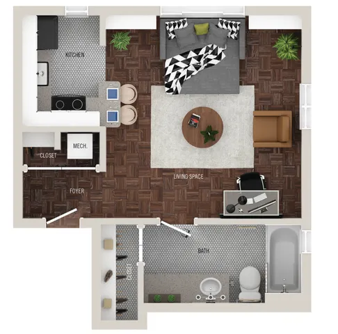 Elegant single-bedroom apartment layout with open living space, modern kitchen, and stylish bath.